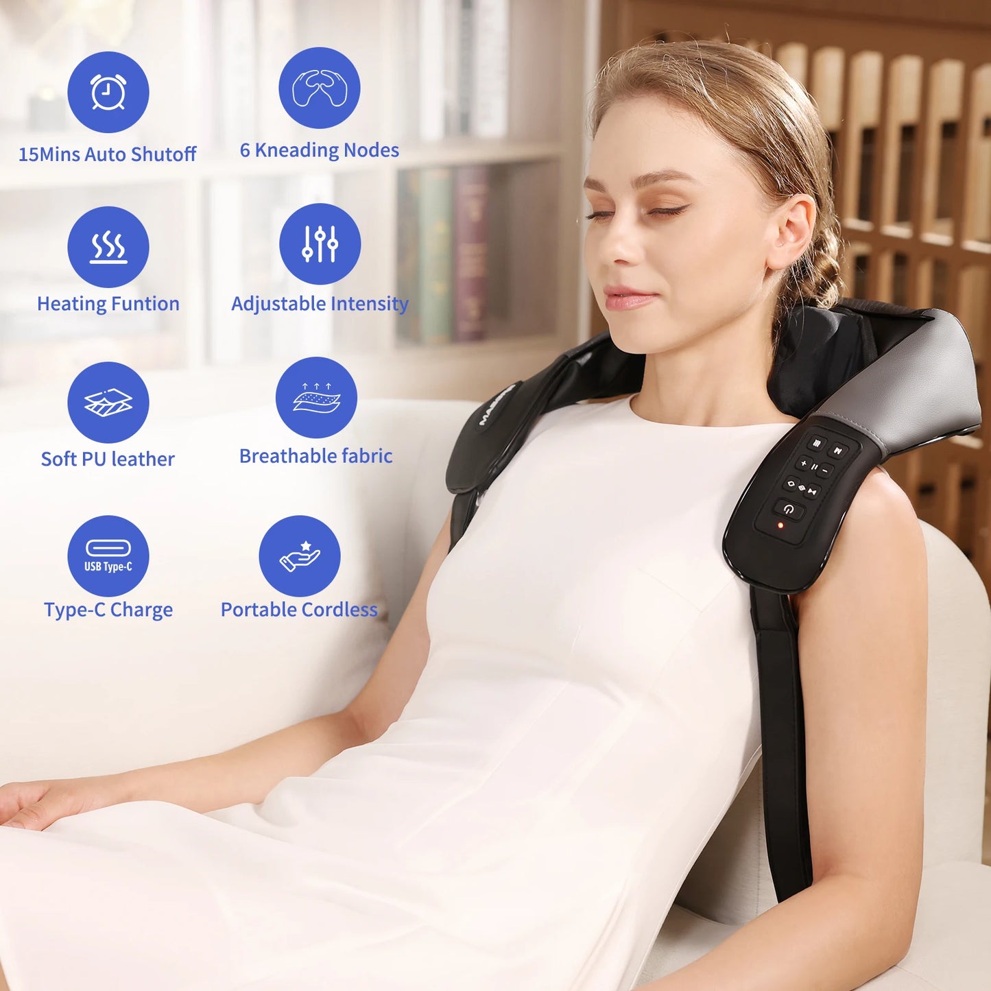 MASGREE Wide Adjustable 4D Kneading Cordless Neck Massager With Heat